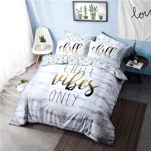 Sleepdown Elegant Printed Comfy Complete Duvet Reversible Quilt Cover Bedding Set with Pillow Case & Fitted Sheet (Chill Slogan Double)