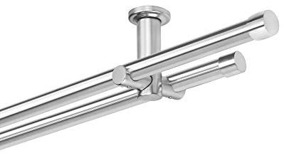 Dekobase Vorhang Gardinenstange Metall Andrax Deckenbefestigung Decken Montage 2 läufig komplett Set, 20 mm Ø, Edelstahl-Optik, 280 cm