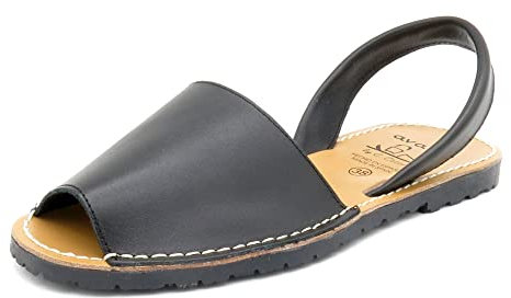 Avarca - Made In Spain - Echtleder Damen Sandalen einfarbig - schöne, Bequeme und praktische Menorca Ibiza Sommerschuhe Strandschuhe 201, 42 EU Schmal, Negro (Black)