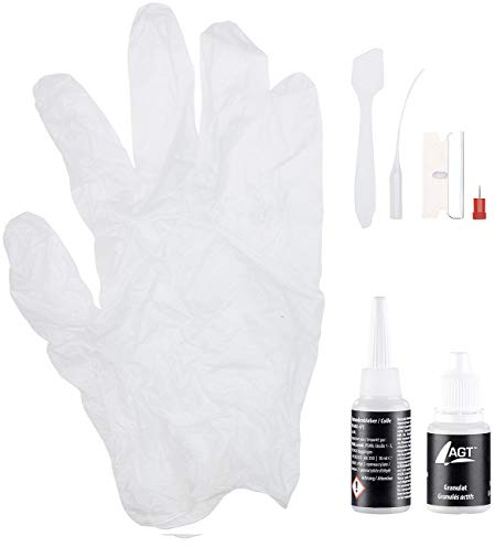 AGT Universalkleber: Reparatur-Set aus Sekundenkleber und weißem Granulat, je 10 ml (Keramik-Reparatur-Kleber, Secundenkleber, Reparaturset)
