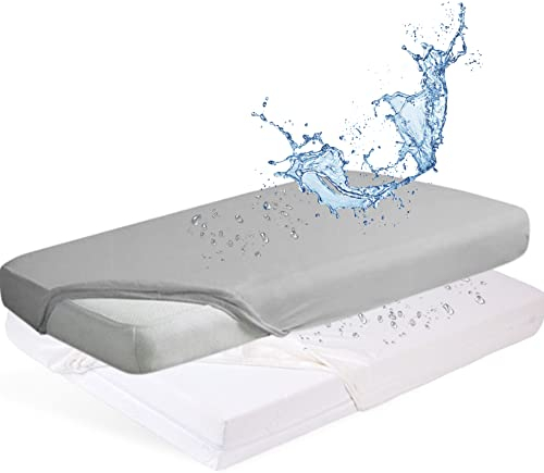 Bisoo Spannbettlaken 60x120 Baby - Matratzenschoner 60x120 Baby Wasserdicht Bettlaken für Babybett Wiege 100% Baumwolljersey Öko-Tex - wasserdichte Spannbetttuch 120x60-2 Stück Set Weiß + Grau