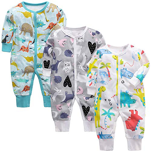 amropi Baby Jungen Strampler Baumwolle Pyjamas 3er-Pack Schlafanzug Schlafstrampler Overalls für 0-24 Monate