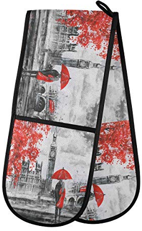 HMZXZ RXYY Double Oven Glove London Big Ben Lovers Tree Heat Resistant Quilted Cotton Kitchen Oven Mitts Long Oven Gloves for Cooking Baking Grilling Handling Hot Pots Pans
