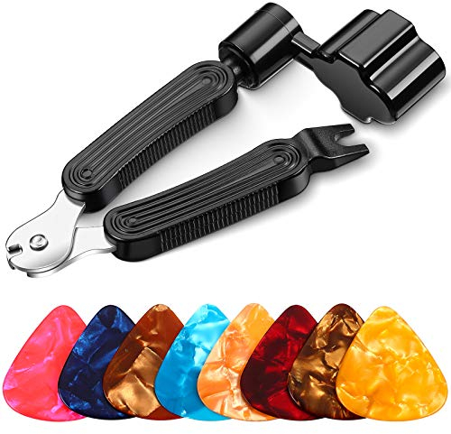 EBOOT 3-in-1 Gitarren Saiten Wickler Cutter und Saiten Stift Abzieher Multifunktionales Gitarren Reparatur Werkzeug mit 8 Stücke Gitarren Picks, Einschließlich 0,46 mm, 0,71 mm, 0,96 mm, 1,2 mm
