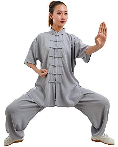 G-LIKE Damen Herren Tai Chi Trainingsanzug – Traditionelle Chinesische Kampfkunst Taiji Kung Fu Qi Gong Wing Chun Shaolin Wushu Frühling Sommer Training Unisex Uniform Kurzärmelig Anzug (Grau, XL)