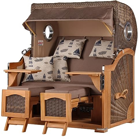 bene living Strandkorb Ammersee Grande XL Teak Bullauge - PE grau - Modell 540-2,5-Sitzer inkl. Liftersystem