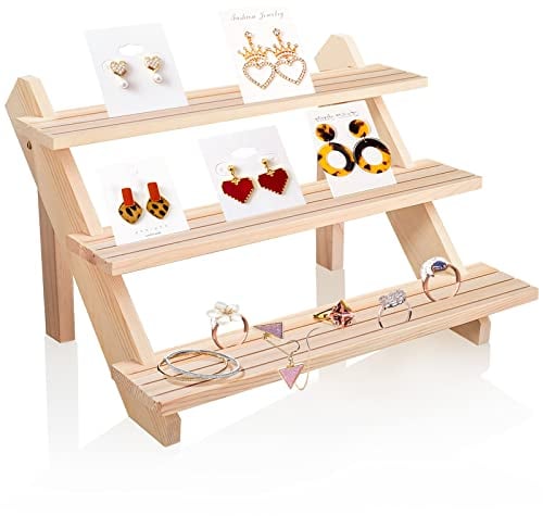 ZONITOK 3 Tiered Wood Display Stand, Collections Display Riser Shelf, Rustic Cupcake Holder for Table Earring Desserts Jewelry Storage (3 Tier Burlywood)
