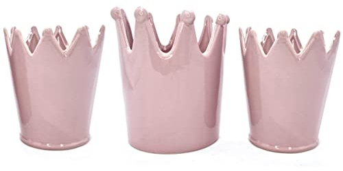 meindekoartikel 3 teiliges Crown-Set aus Keramik Topf Übertopf Blumentopf Krone Dekotopf (Rosa)