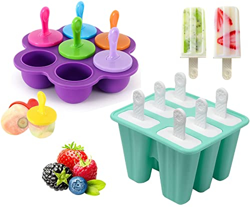 Eisformen Silikon, Eisformen Eis am Stiel Formen 6 Hohlraum Eisformen Silikon Eisförmchen 7 Mulden Eisformen Eis am Stiel mit Stöcken zum Einfrieren von Obst oder Joghurt (Grün + Lila)