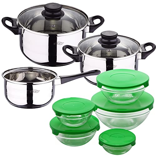 San Ignacio PACK BATERÍA DE COCINA 5 PIEZAS + SET DE 5PC BOLES CON TAPA COLOR VERDE, PK4922