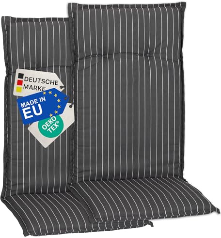 NYVI Gartenstuhl Auflagen Hochlehner 2er Set Barcelona - UV-Beständig, Atmungsaktiv, Strapazierfähig - Hochlehnerauflagen Outdoor - Sitzauflagen für Gartenstühle 118x50cm Grau Weiße Streifen