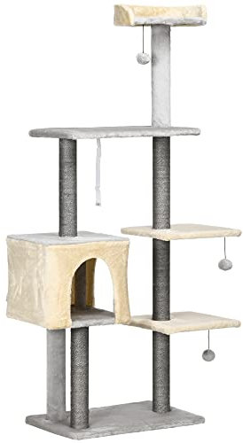 PawHut 156cm hoher Katzenkratzbaum mit Kratzbaum, Bettchen und Kratzbaum aus Sisal, Holz und Plüsch, Grau und Beige