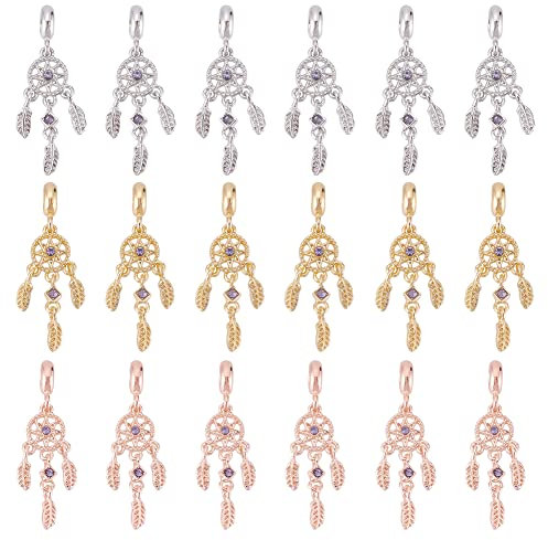 DICOSMETIC 18 Stück 3 Farben Traumfänger Perlen Charm Tansanit Strass Traumfänger Anhänger Federflügel Charm Tibetischer Filigraner Anhänger Für Baumelnde Halsketten Herstellung, Bohrung: 4.5mm
