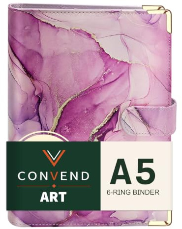 A5 nachfüllbarer 6-Ring-Kunstleder-Budget-Ordner, Mini-Notizbuch-Einband für A5-Füllpapier, lose Blätter, persönlicher Planer-Einband mit Magnetverschluss (Marmor-Lila)