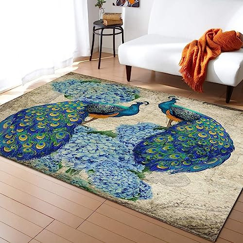 TEMLAN Pfauenhortensie Retro-Aquarell Teppiche Gegend, Klassischer Pfau Kleiner Teppich für Wohnzimmer, Schlafzimmer, Kinderzimmer, Büro, etc 100 x 150cm