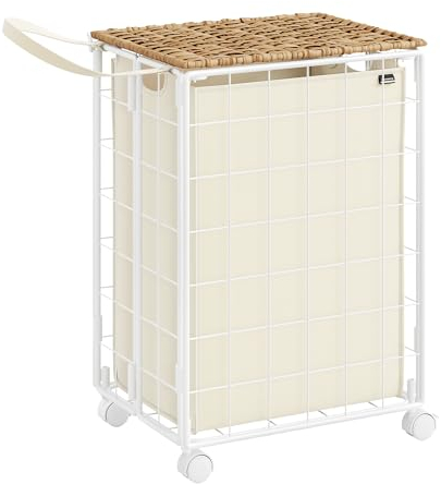 SONGMICS Wäschekorb, 90 L, faltbarer Wäschesammler mit Rollen, Wäschebox, Wäschewagen mit Deckel, Wäschesack herausnehmbar, 46 x 33 x 65 cm, naturbeige-cremeweiß LCB290N01