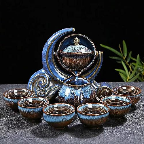 Scizorito Hochwertige Chinesische Tee-Set-Geschenkbox, Rotierendes Kung Fu Tee-Set, Reines Handfeuern, Mit Rotierender Teekanne und Infuser, Geeignet für Büro, Zuhause, Geschenk (Halbmondblau)