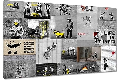 Gemälde gedruckt auf Leinwand Wandkunst Dekor 120x80cm Banksy Megamix Collage Nr. H8556M_PC3X