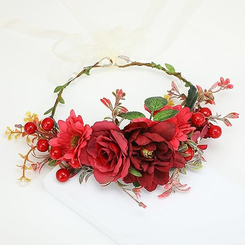 Blumenkranz Haare Haarkranz Blumen Haarreif, Blumenmädchen Stirnbänder Kopfschmuck Floral Girlande Blumenstirnband Verstellbarer Gürtel für Hochzeit Zeremonie Party Festival,Rot