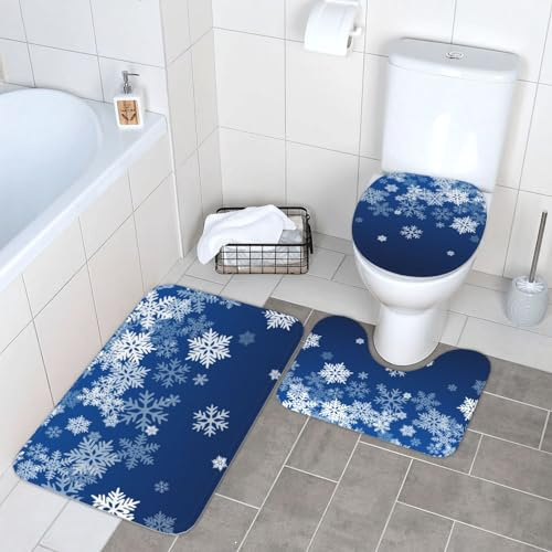 DADABULIU Badematte, Schneeflocke, blau, Winter, Weihnachten, für Badezimmer, 3-teiliges Set, Duschmatten, Memory-Schaum, rutschfest, WC-Wanne, Bodenteppich, weich, dick, leicht, luxuriös, saugfähig,