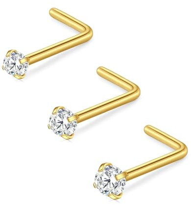 FECTAS Nasenring L Form Nasenstecker 18G L Shaped Nose Piercing Schmuck Edelstahl 1,5mm 2mm 2,5mm 3mm Diamant Silber Gold 3stk