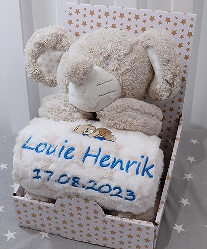Geschenk-Set New Baby ★ Babydecke mit Namen + Plüschtier ★ Baby-Shower ★ Geburt ★ (Beige - Maus)