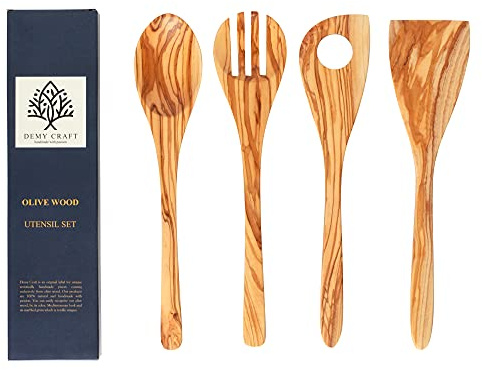 DemyCraft - Olivenbaum 30 cm Handgefertigtes 4-teiliges Küchen-Set (4 Piece)