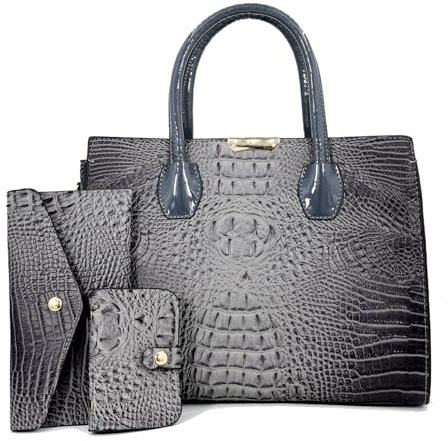 Handtasche mit Tragegriff oben aus Lack-PU-Leder, für Damen, Krokodilmuster, Umhängetasche, 3-teiliges Set, GRAU