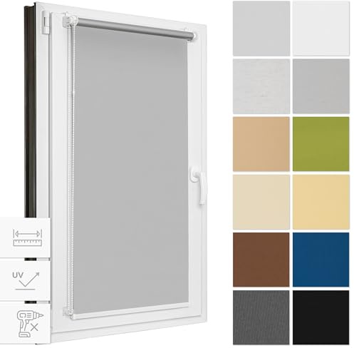 Estika Verdunklungsrollo ohne Bohren, Breite alle 1 cm - 77 cm x 120 cm - Grau - Thermorollo, Rollos für Fenster ohne Bohren, Sonnenschutz Fenster innen