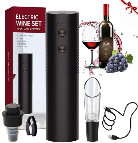 QSMYUYE Tire Bouchon Electrique 5 en 1 Coffret Cadeau, Coupe-capsule,Bouchon en Silicone Sous Vide,Verseur,Cable USB,Pour Cadeau de Amateurs de Vins