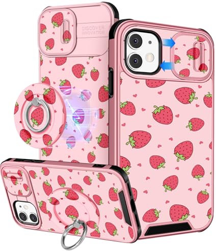 VincitoreModa for iPhone 11 Case Women - [2in1] Cute Girls Strawberry Compatible with MagSafe Ring Stand Girly Slide Camera Cover Design for Apple for iPhone 11 Phone Case 6.1