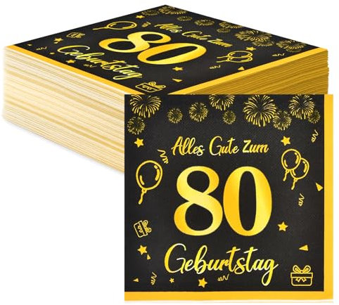 Servietten 80. Geburtstag Deko, Happy Birthday Schwarz Gold Tischdeko Für Mann Frau, 40 Stück Papier Decorations 33x33cm