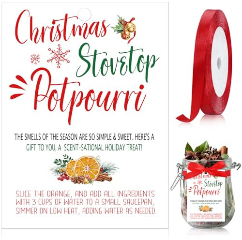 Fuyoooo 50 Pcs Christmas Stovetop Potpourri Simmer Instruction Cards Stovetop Potpourri Paper Tags with Ribbon Xmas Potpourri Instruction Gift Label for Holiday Teacher Neighbor Gift (Classic Style)