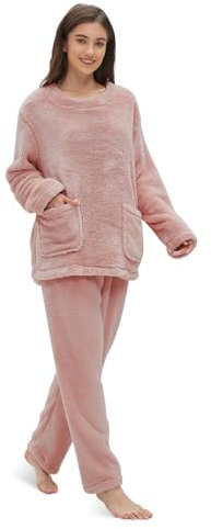 Friendumo Set pigiama da donna in pile corallo, abbigliamento da notte per la casa, morbido pigiama da donna a due pezzi a maniche lunghe e pantaloni caldi pigiama con tasche, rosa, XL