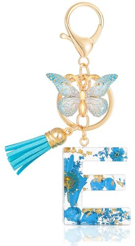 MWOOT Letter Keychains Initiale Lettre Porte Clef Lettre E,Alphabet Initial Keyring avec Papillon Pendentif,Bleu Pétales Feuille D'or Key Ring pour Femmes Filles Portefeuilles Sac à Main Charme (E)