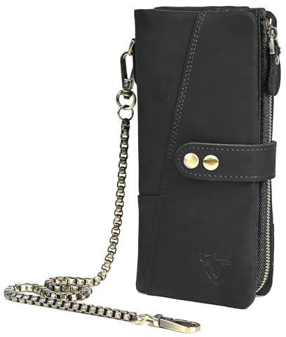 Handadsume Portafoglio in Vera Pelle di Cavallo Pazzo con Tasca per Monete, Porta Carte di Credito, Organizzatore Lungo con Catena, Blocco RFID, con Chiusura a Scatto per Uomo 1803 1815, Vintage
