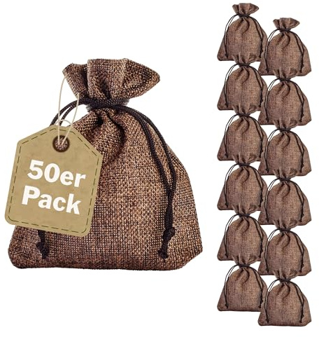 SPRINTIS Jutesäckchen dunkelbraun, 12 x 15 cm (50 Stück) - reißfeste Geschenkbeutel mit Kordelzug, für Hochzeit, Weihnachten, Deko, Adventssäckchen