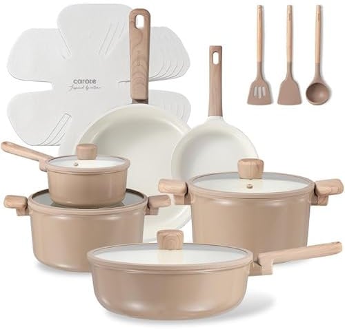 CAROTE 18Pcs Non-Stick Ceramic Cookware Set, Taupe, 18 Pieces, Non-Toxic, PFAS/PFOA Free, Induction Compatible, Non-Stick, All Cooktops