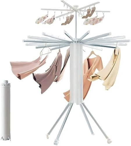 WUDLEP Cylinder Drying Rack, Octopus Clothing Quadrupod, Double Collapsible Laundry Drying Stand with Universal Wheel, 360° Rotation, Expandable 16 Dry Rods 24 Drying Clips, for Household & Camping