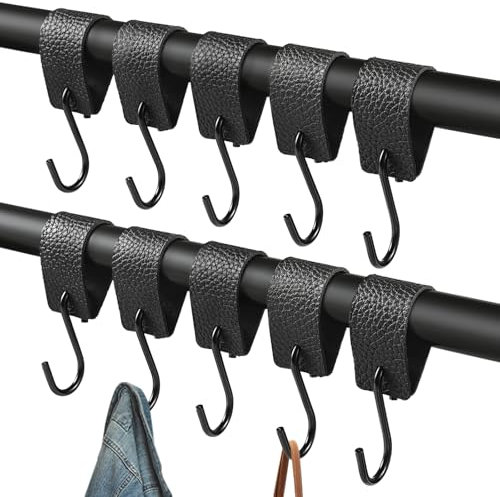 Omtofo 10 Stück S Haken mit Lederschlaufe, Schwarz Kleiderhaken zum Einhängen, 12.5 × 3 cm Multifunktional Metall Haken für Kleiderstange für KüChe Bad Schlafzimmer Wohnzimmer Camping
