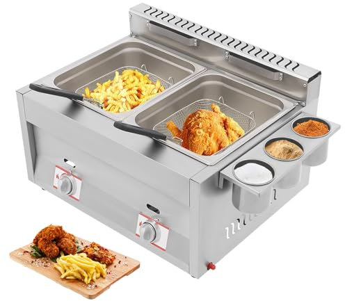 Kindevieft Friggitrice Commerciale Friggitrice A Gas in Acciaio Inox Friggitrice A Doppia Vasca Grande capacità da 20 Litri con Cestelli E Coperchi Friggitrice da Banco per Uso in Ristoranti
