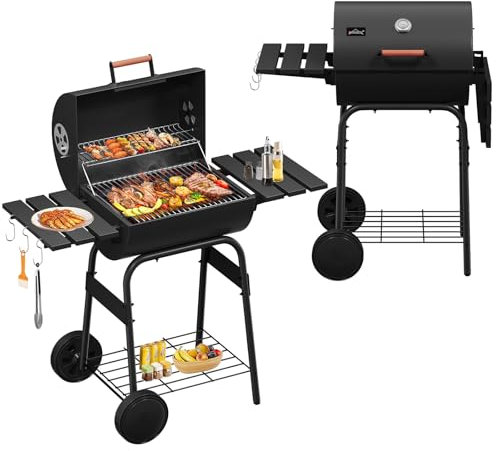 HOMELUX Holzkohlegrill, Smoker Grill, BBQ Grillwagen mit Deckel, Rädern, Thermometer, Abnehmbare Seitenregale