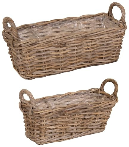 Annastore Pflanzkorb aus Weide mit Henkel und Folie - Ovaler Korb zum Bepflanzen - Weidenkorb - Rattenkorb Größe 2er-Set Pflanzkorb rechteckig