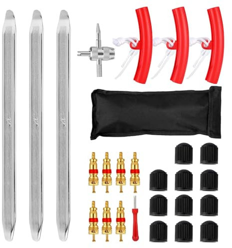 XPAPOV Lot de 27 démonte-pneus - 30 cm - Avec 3 protections de jante - Outil de montage pour moto, vélo, voiture, scooter