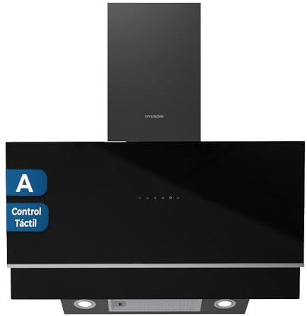 Hyundai Campana Extractora Inclinada 90cm Cristal negro HCPD900AN. Potencia 253m3/h, Tiro Doble, 4 Velocidades, Control Táctil, Filtro apto para Lavavajillas.