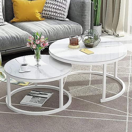 Lot de 2 tables basses gigognes rondes en verre trempé avec cadre en métal minimaliste, assemblage facile pour le salon