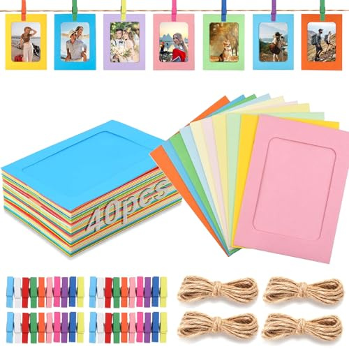 Hhaoysogd 40 Stücke Aufhängen Fotorahmen aus Pappe, 11.5 * 15.5 cm DIY Karton Bilderrahmen mit Clip & Hanfseil, DIY Bilderrahmen Wanddekoration für Hochzeit Party Geburtstag Fotogirlande (Colorful)