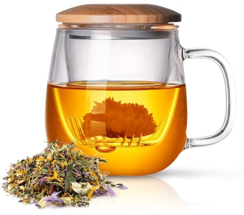 Umllpet Glas Tasse mit Edelstahlsieb, 420ml Doppelwandige Glas Teetasse mit Sieb, Teeglas Teebecher aus Borosilikat Glastasse für Losen Tee, Blühendentee, Teebeutel, Teeglas für Weihnachts Geschenke
