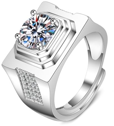 KnBoB Ring Mann Weißgold 14 Karat Verstellbar Breit 4 Zacken 2ct 8mm Rund Moissanit Ring Schmuck Verlobung Gr.65 (20.7)