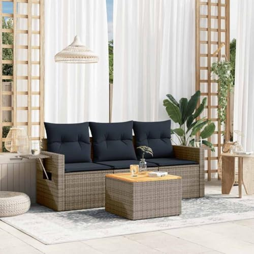 LoogCape 4-teiliges Gartensofa-Set, Polyrattan Grau, mit Kissen, UV-beständig, für Terrasse, Balkon, Gartenmöbel Lounge-Set, 110kg Tragkraft